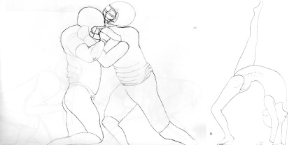 sketches of football players in a tackle and a young gymnast preparing for a handstand