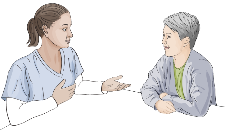 Illustration of a primary care provider sitting at a table next to a trans client. The nurse is about to ask a question.