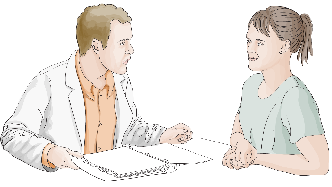 Illustration of a primary care provider sitting at a table next to a trans client. They are looking each other in the eyes and the physician is about to ask a question.