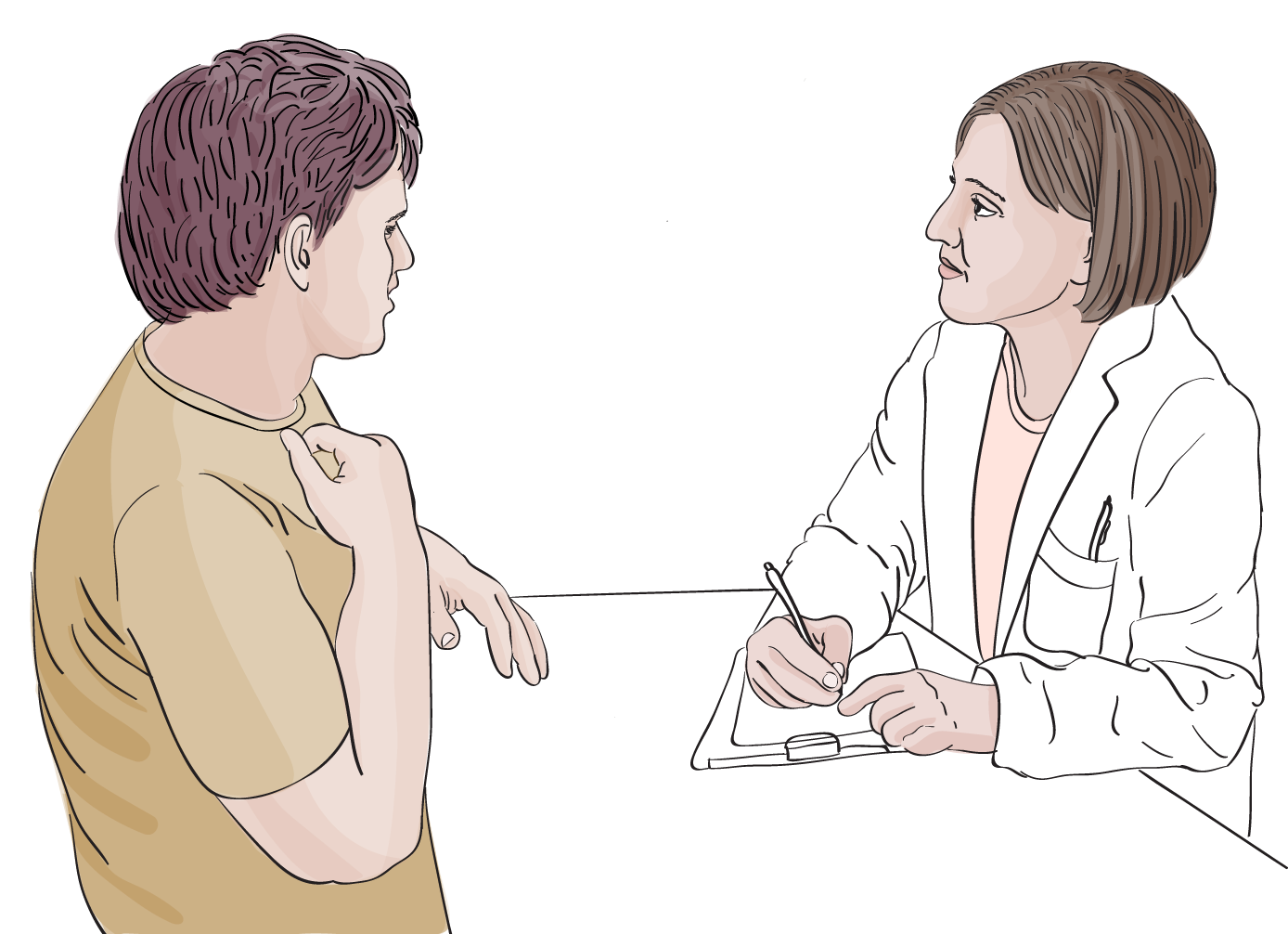 Image of a health care provider sitting next to a client and listening to what the client has to say while taking notes. Theya are both sitting at a table in the doctor's office