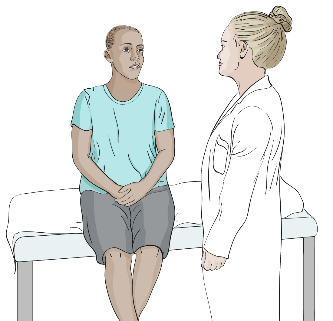 Image of a care provider standing next to a client sitting on an examination bed in the doctor's office